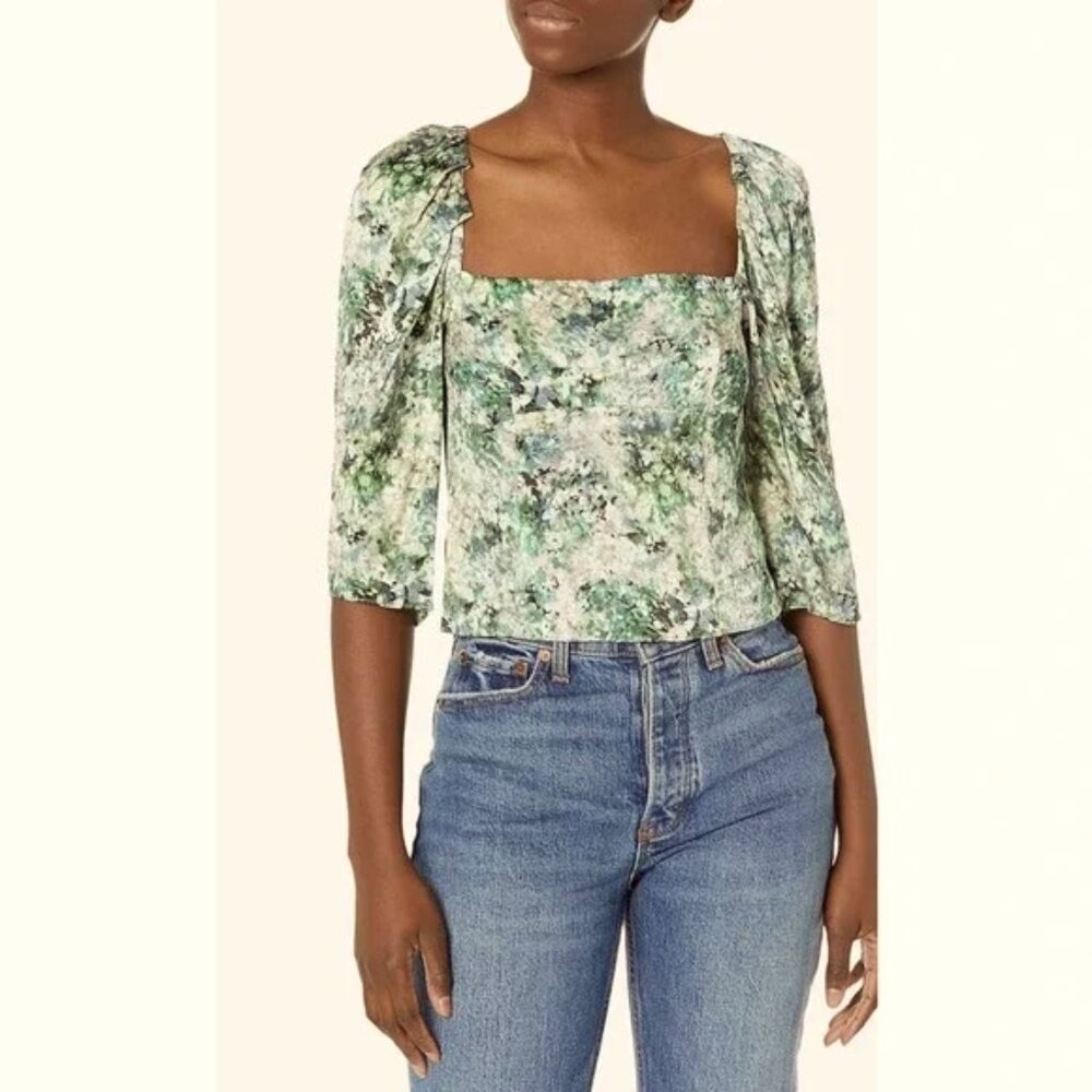 Vince Painted Floral Square Neck Satin Crop Blouse Top Size 8 Puffy sleeves